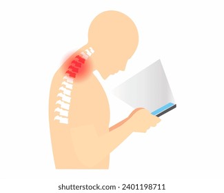 Man with neck pain due to long and too much use of the phone Incorrect head position phone addiction vector illustration.