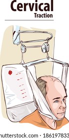 Man In Neck Traction Machine For Physiotherapy Vector Illustration