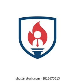 a man with necktie silhouette in negative space inside torch and shield shape - training and education logo design