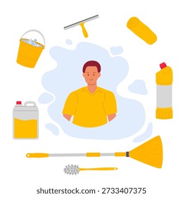 Man in need of cleaning. Smiling portrait of a male character surrounded by cleaning supplies and equipment