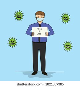 A Man Need a Job Because Corona Virus Vector Cartoon, Icon, Sticker, Banner, Card, Illustration