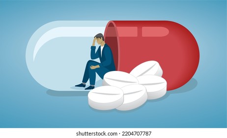 Man in need of medication or drug addiction. Vector illustration. Dimension 16:9.