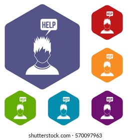 Man needs help icons set rhombus in different colors isolated on white background