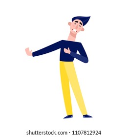 Man with negative emotion standing isolated on white. Vector illustration of young sad male character with extended hand in blue and yellow clothes used for magazine, web pages.
