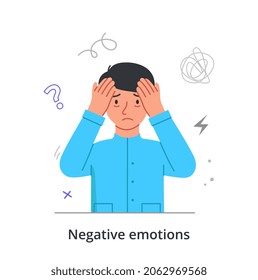 Mann mit negativen Emotionen. Junge bedeckt seinen Kopf mit den Händen. Charakter fast weinen. Aufgewühlt, unglücklich, Depression, innere Probleme, Sorgen, Traurigkeit, Melancholie. Cartoon-Flavektor-Vektorgrafik