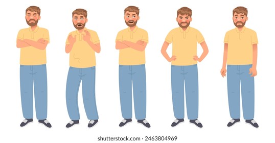 Man and negative emotions, stress and problems. Resentment, fear, irritation, anger, frustration and guilt. Vector illustration in cartoon style