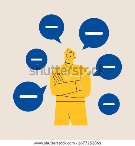 Man with negative thinking symbol. Negative thinking concept. Colorful vector illustration 
