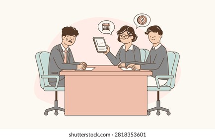Man Negotiating Debt Repayment Extension with Bank Officers Representing Financial Crisis Vector