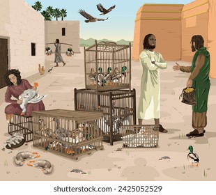 Man negotiating with fowler to buy caged ducks and geese, while woman plucks dead bird and eagles fly overhead.  Christian allegory image to go with Psalm 91:9