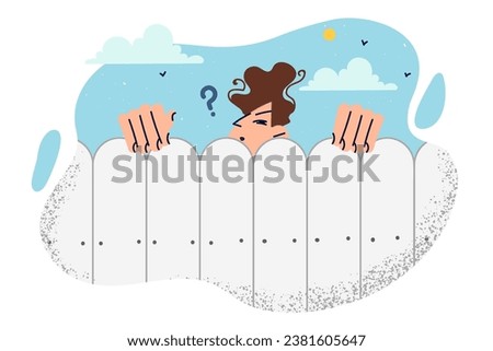 Man neighbor peeks enviously from behind fence and watches passers-by, feeling suspicious of strangers. Young neighbor jealously spies on you, suffering from obsessive curiosity and lack of trust