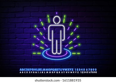 Man in the neon glow. Man controls the 3D object by means his hands. eSport neon light icon. Neon high-tech illustration on a black background.