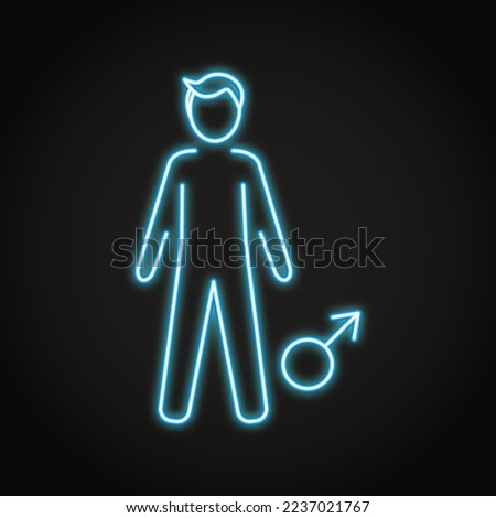 Man neon icon in line style. Andrology symbol. Male figure with gender sign. Vector illustration
