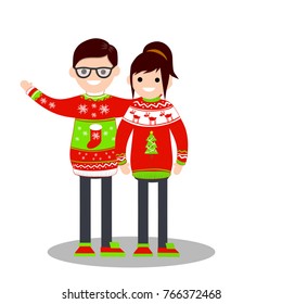 Man nerd and girl in christmas sweater - Cartoon flat illustration