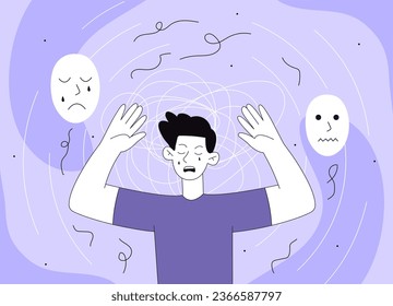 Man with nervous problem line. Young guy with different face mask. Depression and frustration. Mental and psychological issues. Loneliness and sadness. Linear flat vector illustration