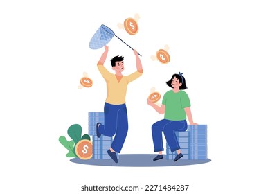 Man with a net catches coins