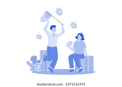 Man with a net catches coins