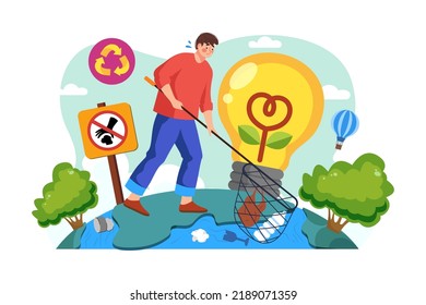 Man with a net catches floating plastic from the river Illustration concept on white background
