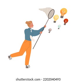 Man with Net Catching Light Bulb as Smart Idea and Solution Vector Illustration
