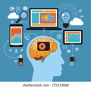 Man in the network information space. Network concept. Abstract illustration of man, computer, tablet, phone and interface icons. Business technology