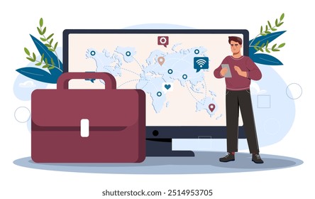 Man with networking opportunities. Businessman near computer screen with world map. Business Expansion. Globalization and International Trade. Flat vector illustration isolated on white background