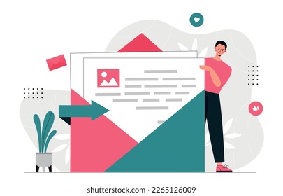 Man with new email message. Business correspondence and notification for smartphone and computer. Communication and interaction on Internet, young guy with envelope. Cartoon flat vector illustration