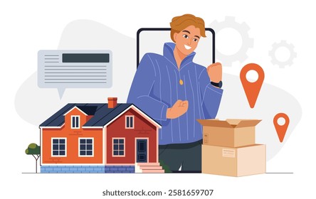 Man in new home. Young guy near house and cardboard boxes. Happy man bought real estate and private property. Relocation and migration. House and cottage. Flat vector illustration