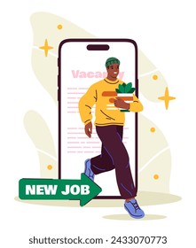 Man with new job concept. Young guy with books in hands near smartphone screen. Candidate to vacancy with his cv. Recruiting in company. Cartoon flat vector illustration isolated on white background