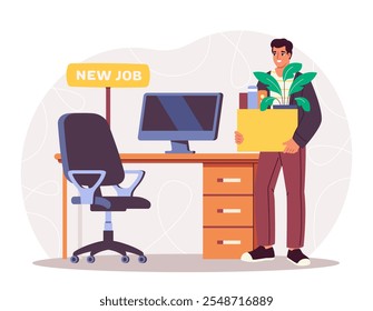 Man with new job. Young guy with box of things near empty table and chair. Manager and clerk at workplace. Welcome to work. Flat vector illustration isolated on white background