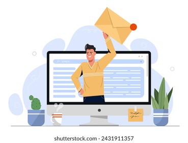 Man with new message. Business communication and correspondence. Young guy with email. Character with envelope at computer. Cartoon flat vector illustration isolated on white background