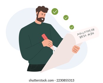 Man with new year resolutions concept illustration, character make list to do