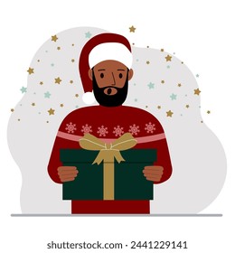 Ein Mann mit einem Neujahrsgeschenk. Konzept der Vorbereitung auf Weihnachten, Neujahr, ein Geschenk erhalten, Weihnachtsverkauf oder geheimen Weihnachtsmann. Vektorgrafik