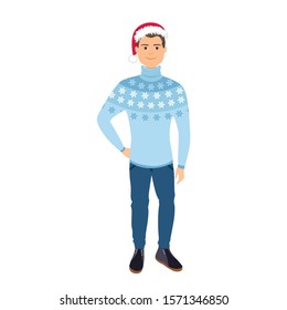 Man in New Year's winter blue jumper with snowflakes and red Santa Claus hat isolated on white background. Smiling boy celebrates christmas. Vector holiday illustration in cartoon simple flat style.
