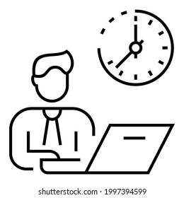 Man Or News Anchor, Businessman, Manager, Director Is Talking And Presenting About Life Time, Working Schedule Icon Design. Clock Symbol Illustration With Laptop.