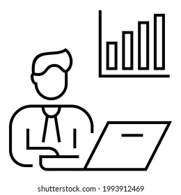 Man oder News Anchor spricht und präsentiert über das Design von grafischen Diagrammen Icon. Finanzökonomisches Wachstum Präsentation Symbol Illustration mit Laptop.