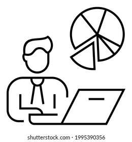 Man o News Anchor está hablando y presentando acerca del diseño de iconos de gráficos circulares. Crecimiento de la economía financiera, negociación, ilustración de símbolo de la presentación del mercado de valores con portátil.