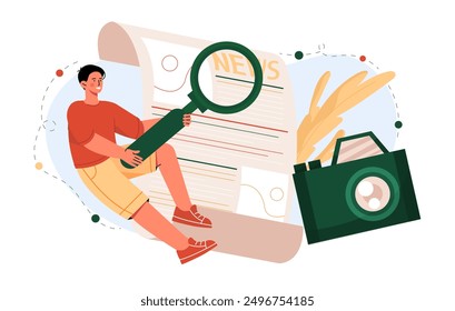 Man with news. Young guy with magnifying glass evaluates newspaper. Mass media and journalism. Person read news, gossips and rumors. Flat vector illustration isolated on white background