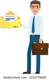 Man with newsletter, digital envelope. Online mailing, electronic publication. Businessman receives email, contract via internet. Virtual correspondence concept. Communication via electronic mail