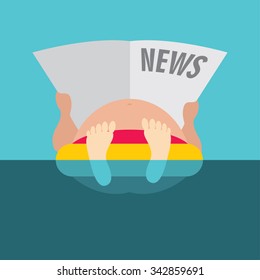 man with newspaper floats on an inflatable circle