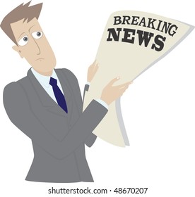 Man with newspaper with headline "Breaking news"