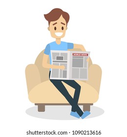 Man with newspaper reading and sitting on white.
