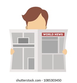 Man with newspaper reading and standing on white.