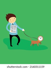 A man with a newspaper walks time on a leash