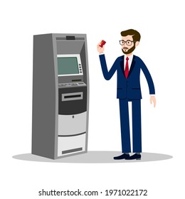 The man next to the ATM. A terminal for paying and withdrawing cash and a nearby person for animation. All the details are on separate layers with names. Editable strokes.
