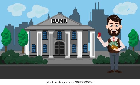 Un hombre al lado de un banco con una cartera llena de dinero y una tarjeta de crédito. Ilustración vectorial del edificio del banco. Caricaturista con billetes en su billetera para la animación. 