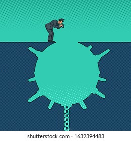Hombre al lado de una silueta de hoyo profundo. Pop arte retro Ilustración vectorial 50s 60s estilo