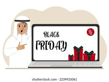 A man next to a large laptop, on his screen the text black friday and a lot of gift boxes. Vector flat illustration
