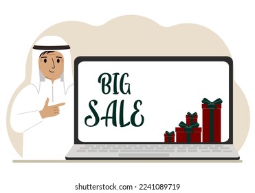 Un hombre al lado de un portátil grande, en su pantalla el texto de las grandes ventas y muchas cajas de regalos. Ilustración plana del vector
