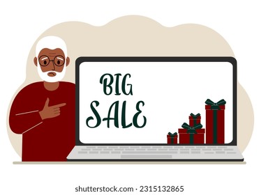 A man next to a large laptop, on his screen the text of big sales and a lot of gift boxes. Vector flat illustration