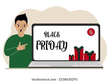 A man next to a large laptop, on his screen the text black friday and a lot of gift boxes. Vector flat illustration