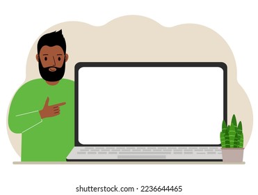 Ein Mann neben einem großen Laptop mit viel Platz für Text. Vektorgrafik